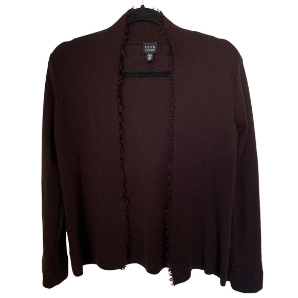 Eileen Fisher sweater brown cardigan open front fringe italian yarn - Picture 6 of 6
